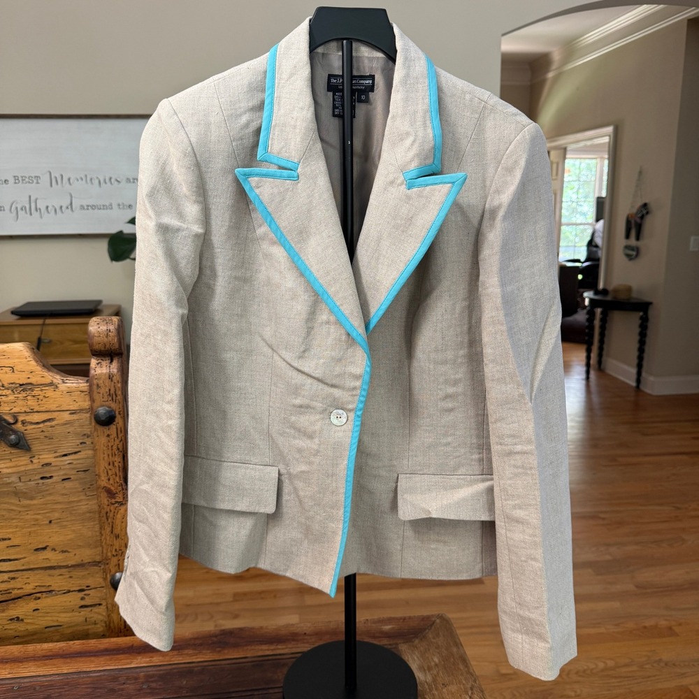 J Peterman Linen Silk Trim Blazer Jacket Beige Turquoise Trim Size 10 RN 77608